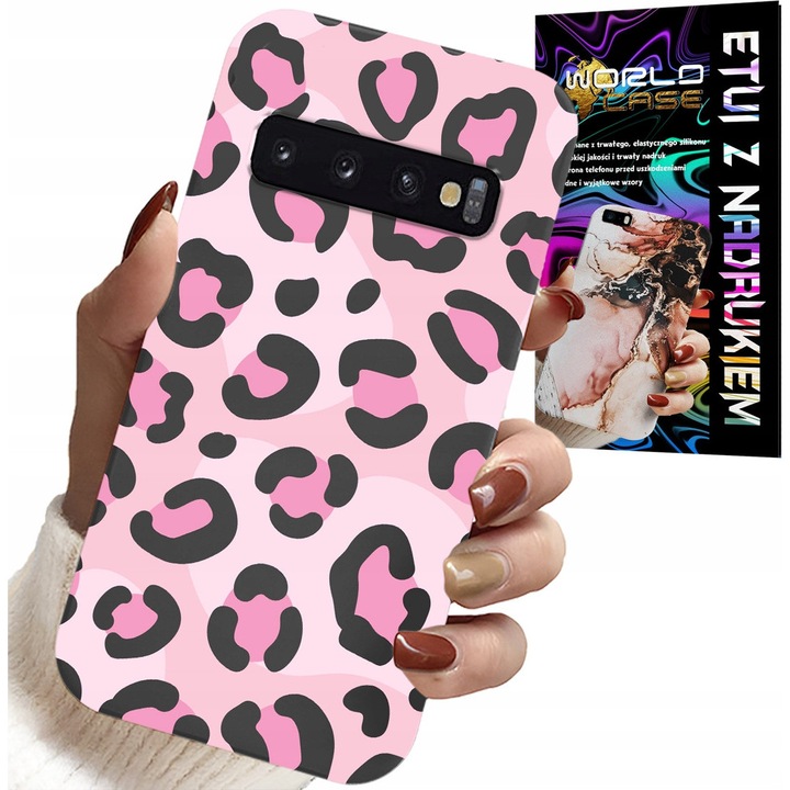 Telefontok, World Case, Samsung Galaxy S10 Plus, rózsaszín leopárdmintás, szilikon