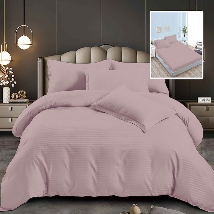 Lenjerie de pat damasc policoton Ralex Pucioasa 6 piese, multicolor, husa universala pentru saltea 160x200x24 cm si 180x200x24 cm