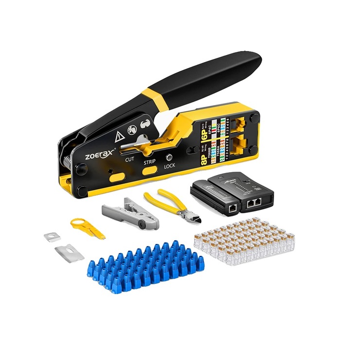 Krimpelő szerszámkészlet, 8 részes, kábeltesztelőt tartalmaz, sárga, acélból és műanyagból