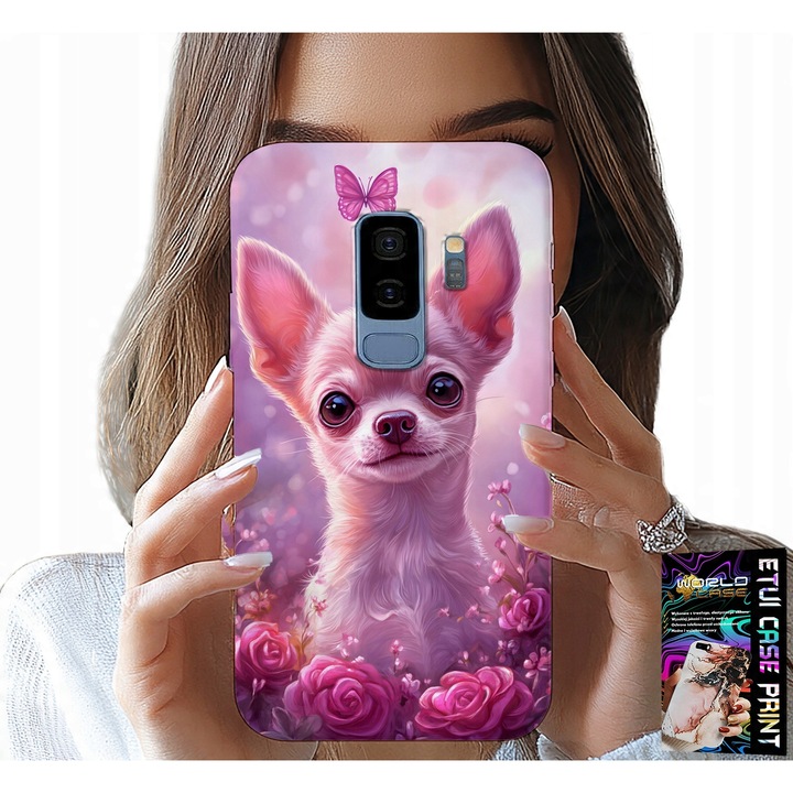 Samsung Galaxy S9 Plus telefontok, World Case, Chihuahua design rózsaszín alapon virágokkal, szilikon