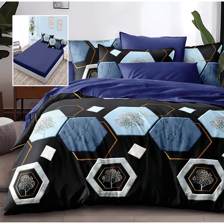 Ágynemű, finet pamutból, absztrakt mintával, 6 részes huzattal, gumis lepedő 180 x 200, paplanhuzat 200 x 230, 4 párnahuzat 50 x 70 és 70 x 70, sötétkék / fekete
