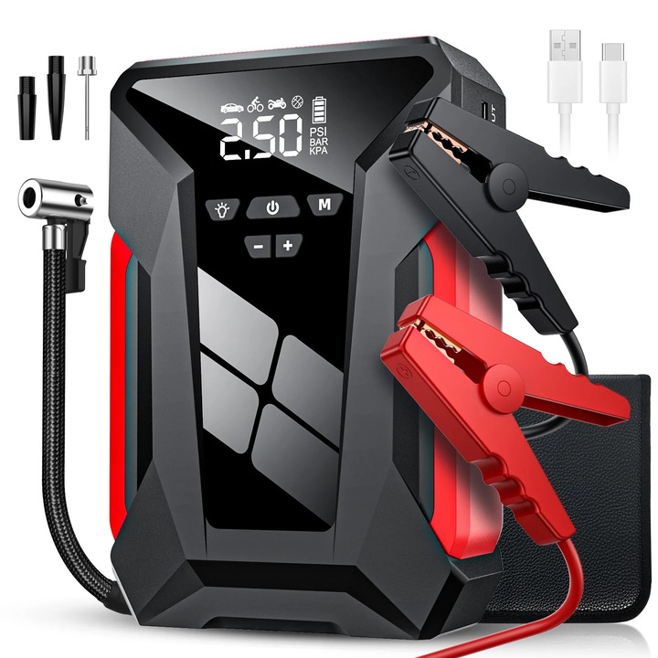 Pornitor auto, booster pornire 12V 28000mAh, 1200A curent de varf, compresor aer 150 PSI pentru anvelope, booster baterie 4 in 1, pentru vehicule 12V