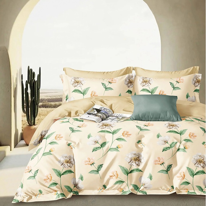 Percal nyomott ágynemű, 100% pamut, King Size, 6 részes huzattal, gumis lepedő 240 x 260 cm, paplanhuzat 180 x 200, 2 párnahuzat 50 x 70, 2 párnahuzat 70 x 70, Krém