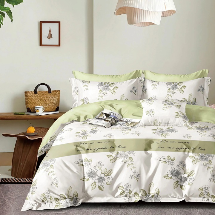 Perkál ágynemű garnitúra, nyomott mintás, 100% pamut, King Size, 6 részes huzattal, gumis lepedő 240 x 260 cm, paplanhuzat 180 x 200, 2 párnahuzat 50 x 70, 2 párnahuzat 70 x 70, Fehér / Világoszöld