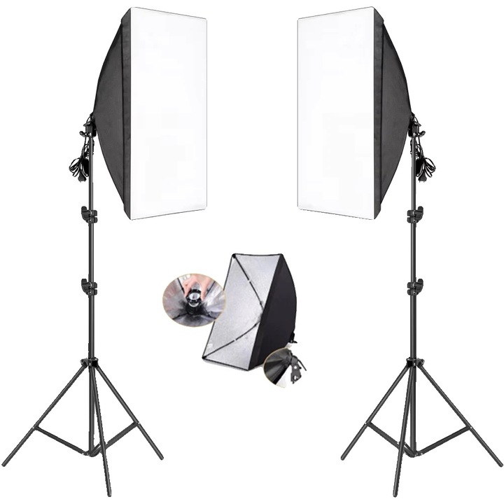 Kit Studio Foto, Sistem Iluminare Softbox, Trepied Reglabil, Fara Bec, 50x70cm