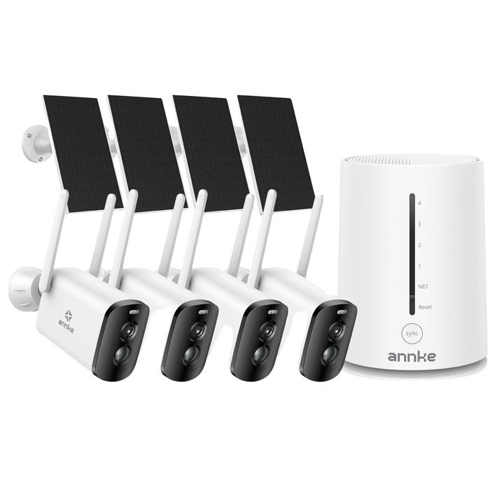 Camera de supraveghere annke, 4MP Full HD, alimentare solara, set de 4 bucati + NVR, design compact