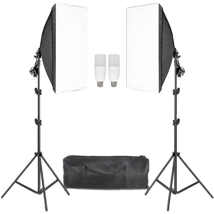 Kit de iluminare Softbox, suport de lumina ajustabil, compatibilitate baza E27, 50x70cm, 30W becuri noi