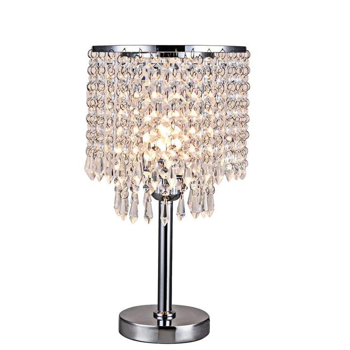 Veioza cu abajur din cristal, baza din otel inoxidabil, argintie, 38cm, set multicolor