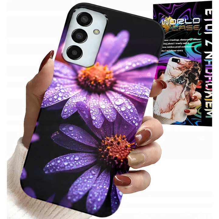 Telefontok, World Case, Samsung Galaxy M13, gumi, rózsaszín virágokkal