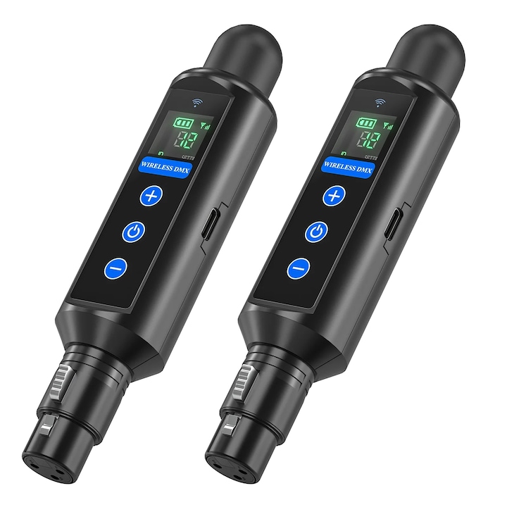 Receiver Wireless DMX512 cu Baterie Integrata, Display LED Inteligent, Set 2 Piese, Dimensiuni 13.6x3cm, Conector EU