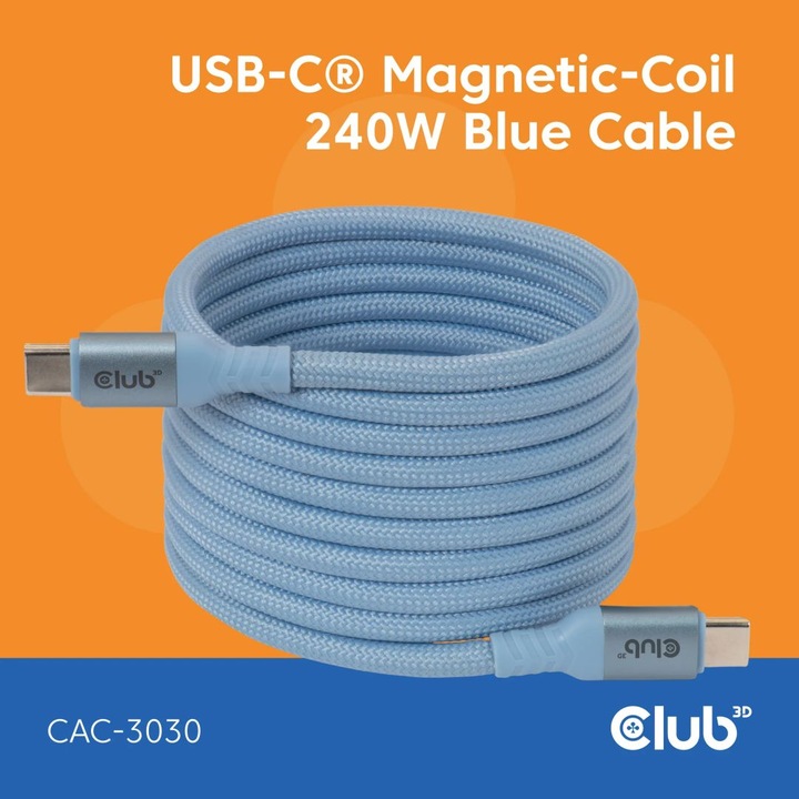 Club3D USB-C adatkábel, mágneses tekercs, 2m, kék, 240W