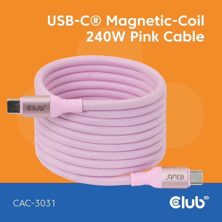 Club3D USB-C mágneses tekercs kábel 240W 2m rózsaszín