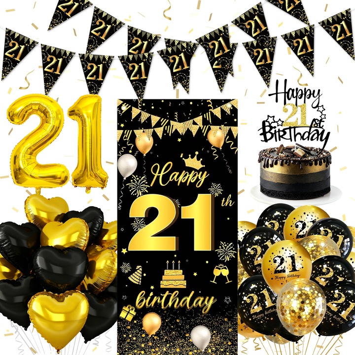 Комплект балони за 21-ви рожден ден, черен и златен, гирлянди, фон, декорации за 21-ви рожден ден, декорации за парти, латекс, балони със сърца и цифри, декорации за торта