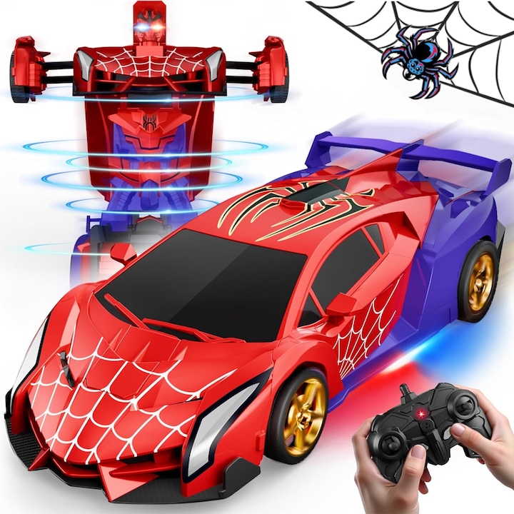Masina cu telecomanda, Goxawee, Spiderman, Transformabila 2 in 1, cu lumini LED, 2.4GHz, rotatie 360, anvelope cauciuc, baterie reincarcabila, pentru baieti 3-10 ani