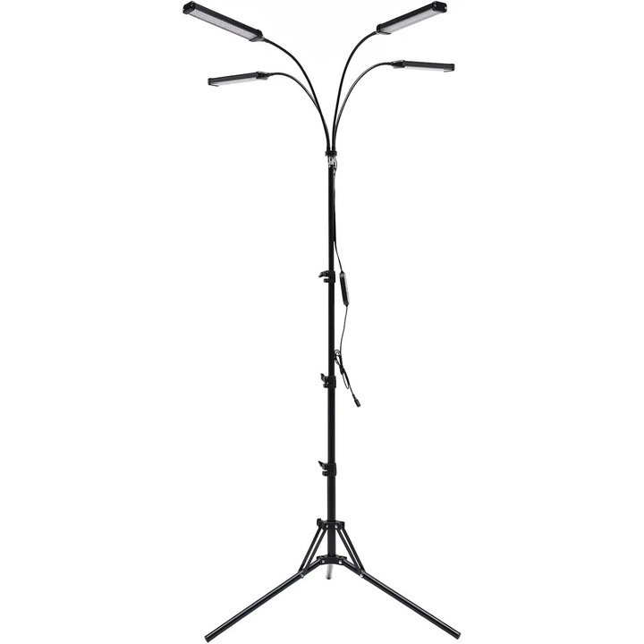Lampa LED pentru plante, 4 capete, spectru complet, negru, stativ reglabil, 60 cm