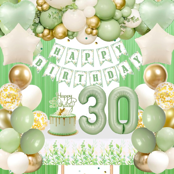 Set baloane pentru ziua 30 ani (verde), banner, perdea ploaie, decoratiuni pentru ziua 30 ani, decoratiuni pentru petrecere, latex, baloane numere forma inima, decoratiuni pentru tort, fata masa