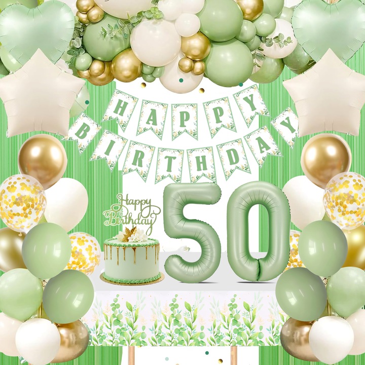 Set baloane pentru ziua 50 ani (verde), banner, perdea ploaie, decoratiuni pentru ziua 50 ani, decoratiuni pentru petrecere, latex, baloane numere forma inima, decoratiuni pentru tort, fata masa