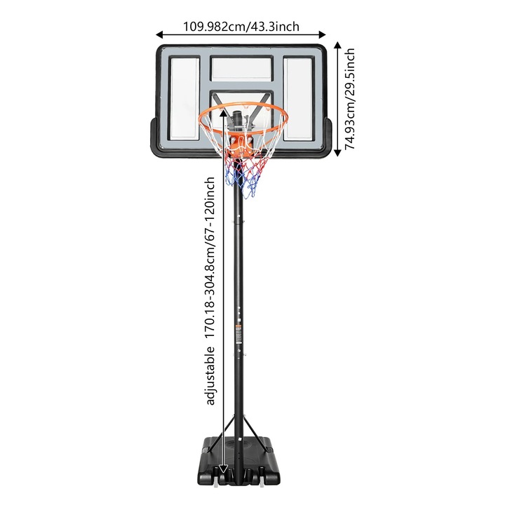 Kosárlabda palánk, állítható magasságú, tartós kivitel, világosszürke, 1.7-3.05m, 110x74.93cm