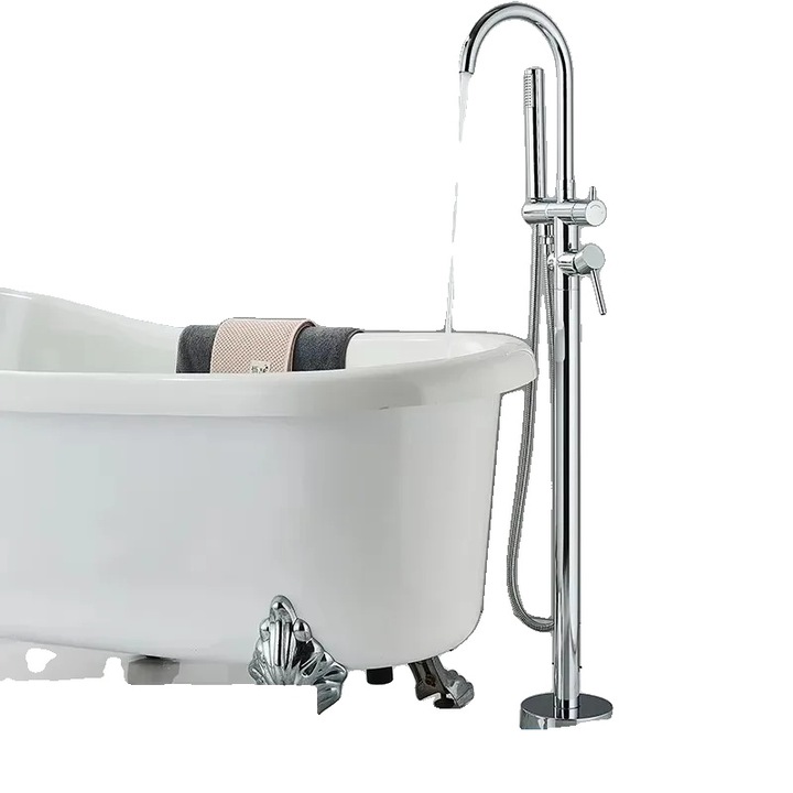 Смесителна батерия за баня, с две ръкохватки, дизайн за подов монтаж, хром