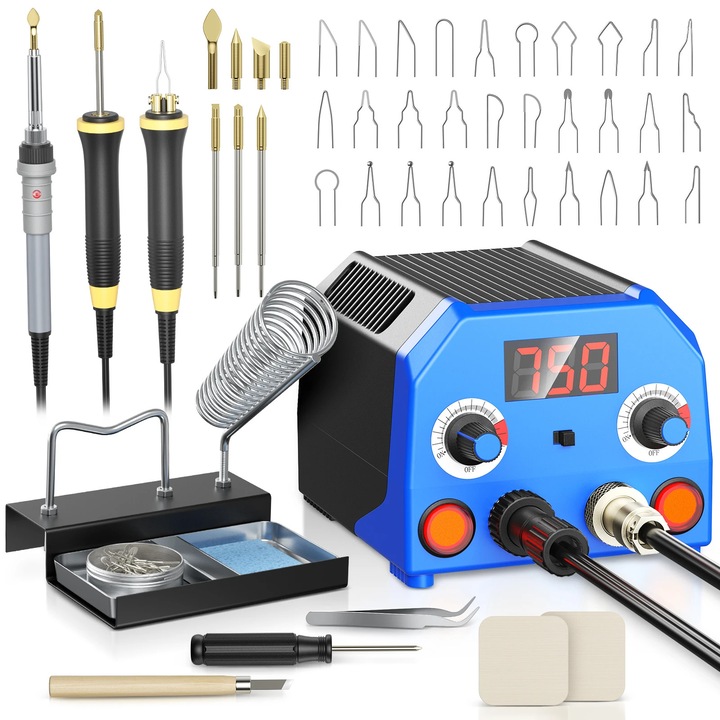 Set de unelte pentru ardere a lemnului, design cu doua porturi, control al temperaturii ajustabil, albastru, 30 varfuri de sarma si 7 varfuri solide
