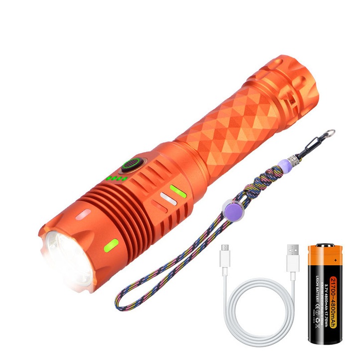 Акумулаторен LED фенер 7500lm, 6 режима, водоустойчив IP67, алуминий, оранжев, компактен