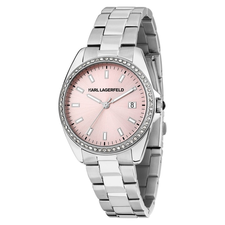 Ceas dama Karl Lagerfeld ROUND ESSENTIALS, bratara din inox, cadran roz, 35mm, 50m rezistenta la apa