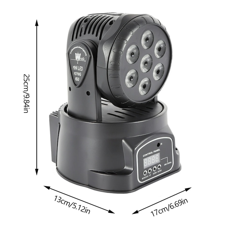 LED Moving Head, Reflector de Scena, 7x10W RGBW, 630° Pan, 240° Tilt, DMX512 si Control pe Sunet, Motor Pas cu Pas, 240V AC, Negru