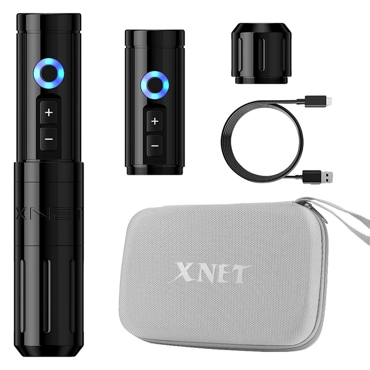 Masina de tatuat, motor fara perii, voltaj ajustabil, neagra, dimensiuni 138x28mm, set cu doua baterii