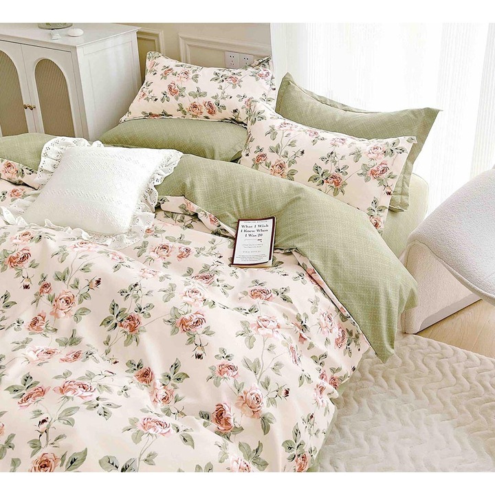 Комплект спално бельо за двойно легло, чаршаф с ластик тип фин плат, 6 части