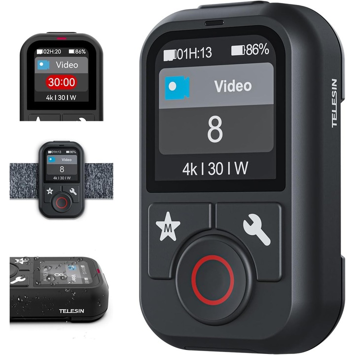 Telecomanda wireless Telesin T13 cu bratara de mana, ecran LCD, Waterproof, pentru GoPro 13 12 11 10 9 8, negru