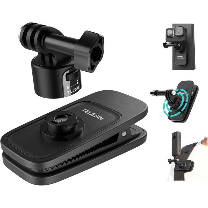 Telesin S2 Магнитен държач, система за бързо освобождаване, щипка за раница, съвместим с различни модели, за DJI Action 5 Pro/4/3 GoPro Hero 13 12 11 10 9 Insta360 X3 X4 Go3 Ace Pro, черен