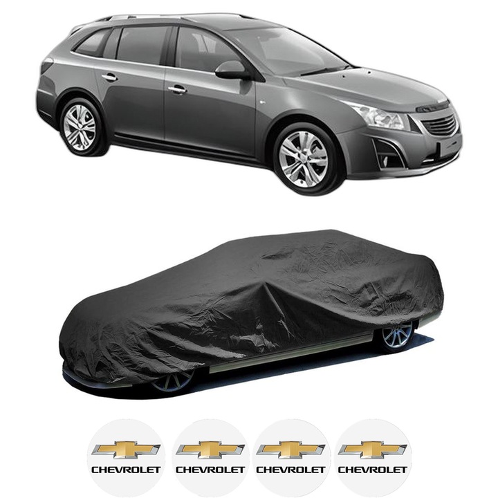 Husa tip prelata auto pentru CHEVROLET CRUZE Station Wagon (J308) din 2012-2015, Culoare Negru, material textil impermeabil, rezistanta la intemperii praf UV, CARPASSION Husa Protectie, 4 Stickere auto cu CHEVROLET