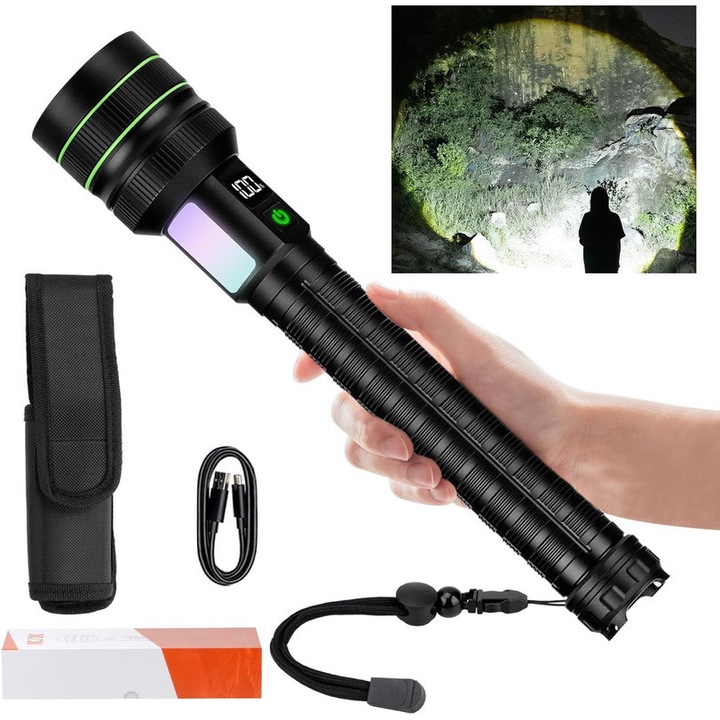 Мощен фенер с 11 режима на осветление, 6000 лумена, водоустойчив, пълен комплект, 10 000mAh