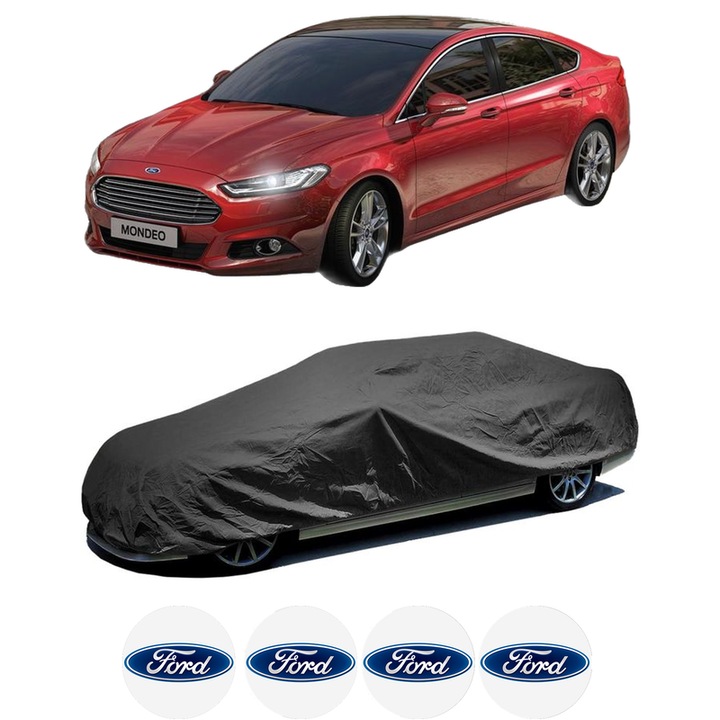 Husa tip prelata auto pentru FORD MONDEO V Hatchback (CE) din 2014-2019, Culoare Negru, material textil impermeabil, rezistanta la intemperii praf UV, CARPASSION Husa Protectie, 4 Stickere auto cu FORD