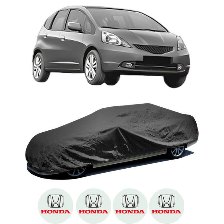 Husa tip prelata auto pentru HONDA JAZZ III (GE_, GG_, GP_, ZA_) din 2008-2011, Culoare Negru, material textil impermeabil, rezistanta la intemperii praf UV, CARPASSION Husa Protectie, 4 Stickere auto cu HONDA