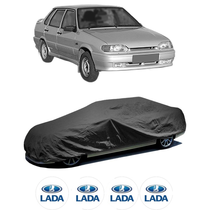 Husa tip prelata auto pentru LADA SAMARA Hatchback (2113, 2114) din 2003-2013, Culoare Negru, material textil impermeabil, rezistanta la intemperii praf UV, CARPASSION Husa Protectie, 4 Stickere auto cu LADA
