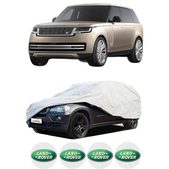 Husa tip prelata auto pentru LAND ROVER RANGE ROVER V (L460) din 2021-2023, Culoare Gri, material textil impermeabil, rezistanta la intemperii praf UV, CARPASSION Husa Protectie, 4 Stickere auto cu LAND ROVER