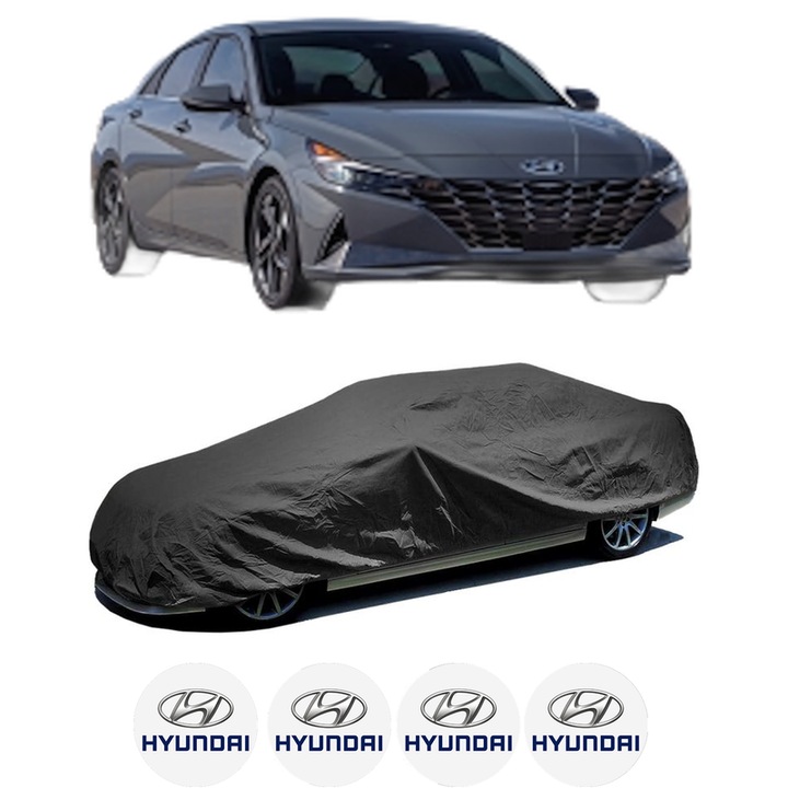 Husa tip prelata auto pentru HYUNDAI ELANTRA VII Saloon (CN7) din 2020, Culoare Negru, material textil impermeabil, rezistanta la intemperii praf UV, CARPASSION Husa Protectie, 4 Stickere auto cu HYUNDAI