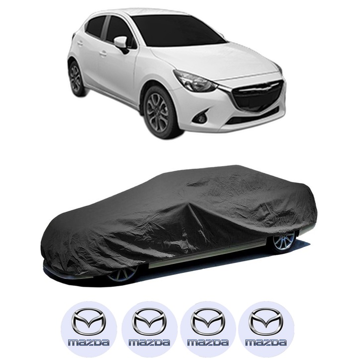 Husa tip prelata auto pentru MAZDA 2 Hatchback (DL, DJ) din 2014-2021, Culoare Negru, material textil impermeabil, rezistanta la intemperii praf UV, CARPASSION Husa Protectie, 4 Stickere auto cu MAZDA