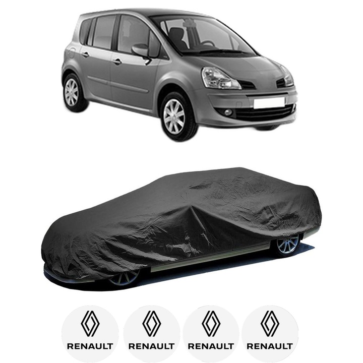 Husa tip prelata auto pentru RENAULT MODUS / GRAND MODUS (F/JP0_) din 2004-2012, Culoare Negru, material textil impermeabil, rezistanta la intemperii praf UV, CARPASSION Husa Protectie, 4 Stickere auto cu RENAULT
