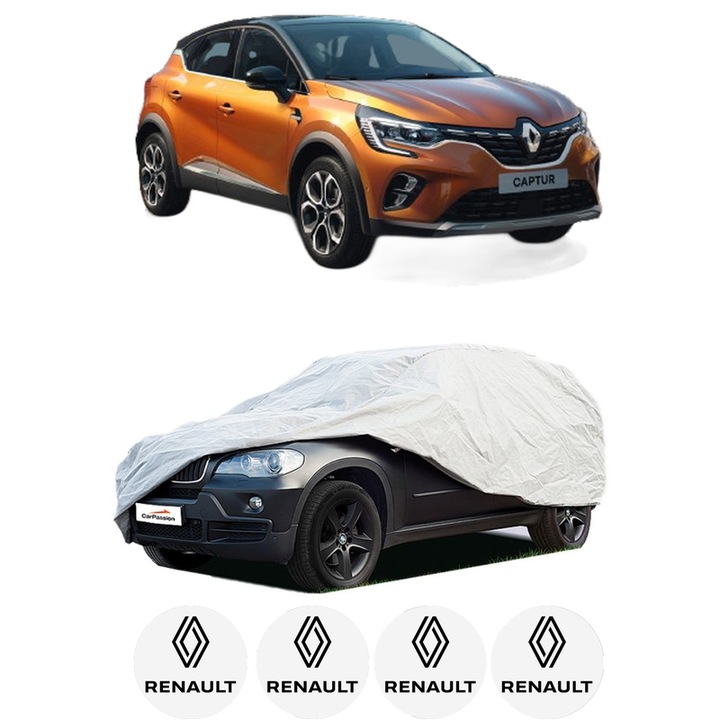 Husa tip prelata auto pentru RENAULT CAPTUR II (HF_) din 2020-2022, Culoare Gri, material textil impermeabil, rezistanta la intemperii praf UV, CARPASSION Husa Protectie, 4 Stickere auto cu RENAULT