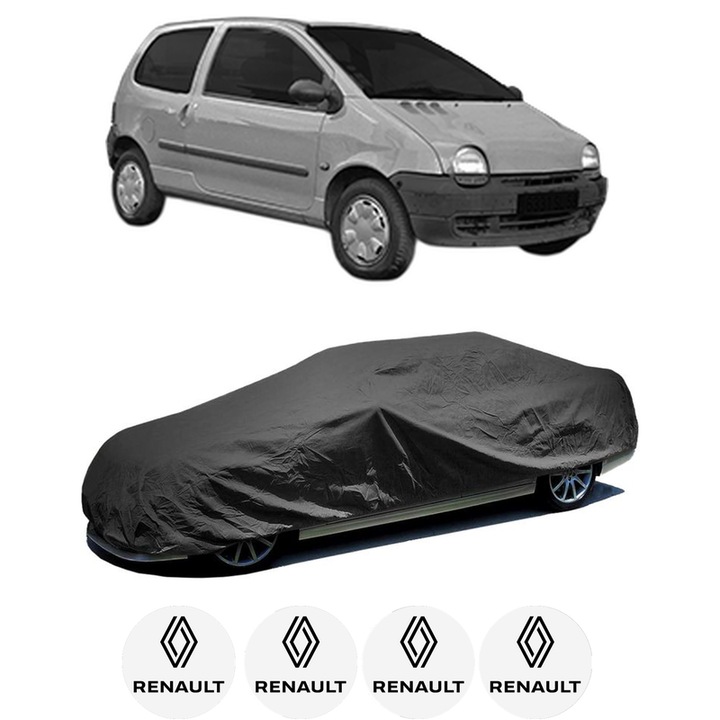 Husa tip prelata auto pentru RENAULT TWINGO I Hatchback Van (S06_) din 1997-2012, Culoare Negru, material textil impermeabil, rezistanta la intemperii praf UV, CARPASSION Husa Protectie, 4 Stickere auto cu RENAULT