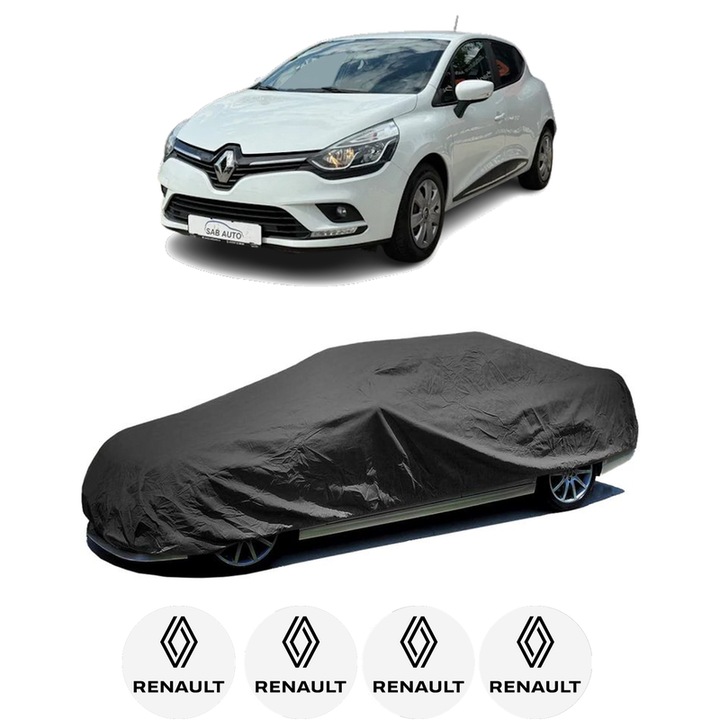 Husa tip prelata auto pentru RENAULT CLIO V (B7_) din 2019-2022, Culoare Negru, material textil impermeabil, rezistanta la intemperii praf UV, CARPASSION Husa Protectie, 4 Stickere auto cu RENAULT