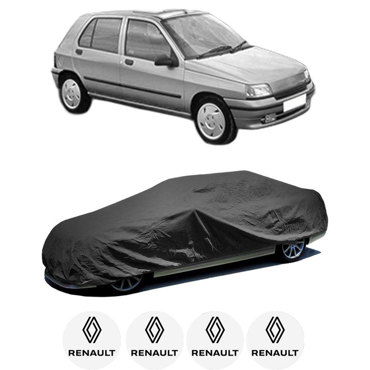 Husa tip prelata auto pentru RENAULT CLIO I (B/C57_, 5/357_) din 1990-1999, Culoare Negru, material textil impermeabil, rezistanta la intemperii praf UV, CARPASSION Husa Protectie, 4 Stickere auto cu RENAULT