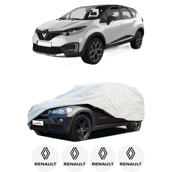 Husa tip prelata auto pentru RENAULT CAPTUR I (J5_, H5_) din 2013-2018, Culoare Gri, material textil impermeabil, rezistanta la intemperii praf UV, CARPASSION Husa Protectie, 4 Stickere auto cu RENAULT