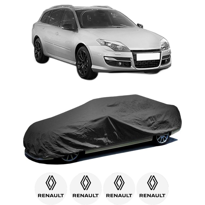 Husa tip prelata auto pentru RENAULT LAGUNA III Grandtour (KT0/1) din 2007-2015, Culoare Negru, material textil impermeabil, rezistanta la intemperii praf UV, CARPASSION Husa Protectie, 4 Stickere auto cu RENAULT