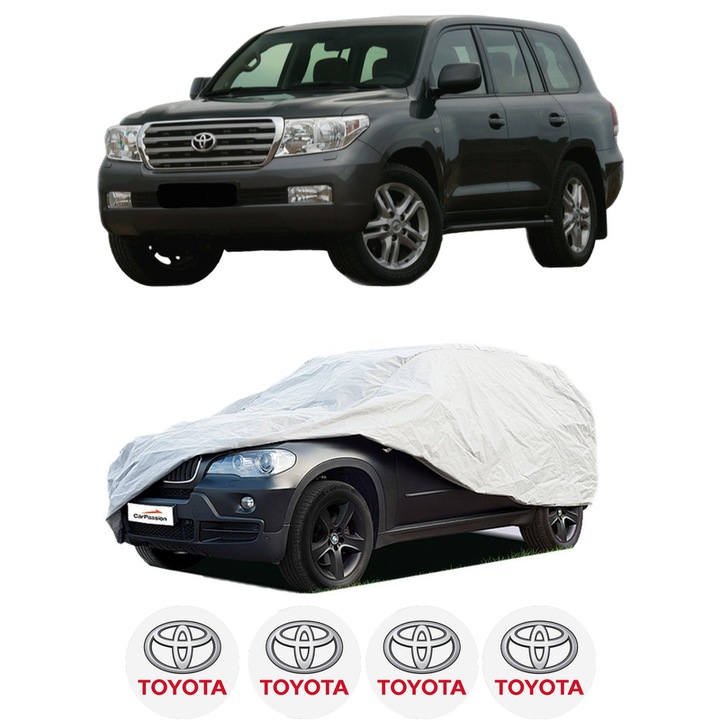 Husa tip prelata auto pentru TOYOTA LAND CRUISER 200 (_J2_) din 2007-2015, Culoare Gri, material textil impermeabil, rezistanta la intemperii praf UV, CARPASSION Husa Protectie, 4 Stickere auto cu TOYOTA