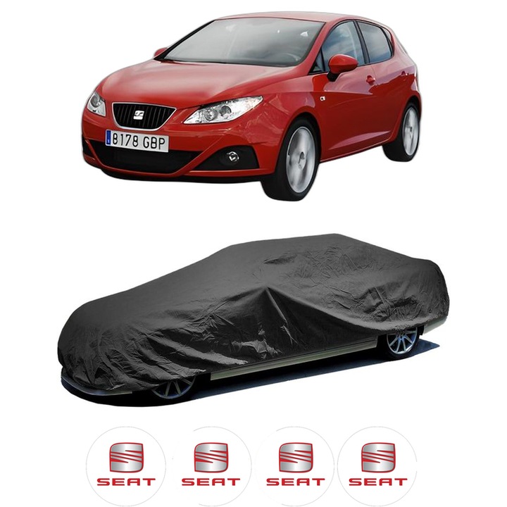 Husa tip prelata auto pentru SEAT IBIZA IV Hatchback Van (6J1) din 2008-2015, Culoare Negru, material textil impermeabil, rezistanta la intemperii praf UV, CARPASSION Husa Protectie, 4 Stickere auto cu SEAT