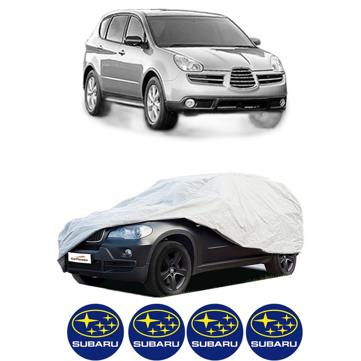 Husa tip prelata auto pentru SUBARU TRIBECA (B9) din 2005-2009, Culoare Gri, material textil impermeabil, rezistanta la intemperii praf UV, CARPASSION Husa Protectie, 4 Stickere auto cu SUBARU