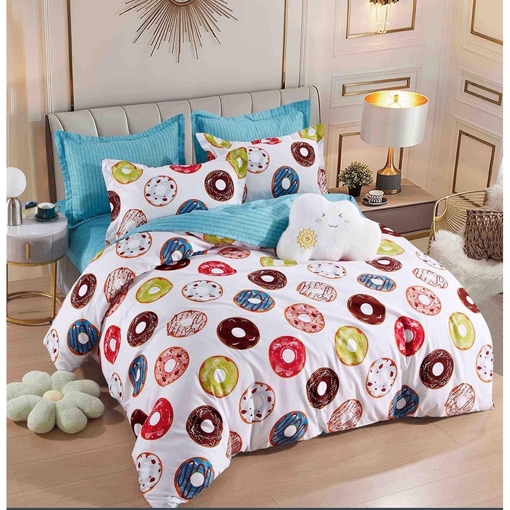 Комплект спално бельо за двойно легло, чаршаф с ластик, фин плат, 6 части